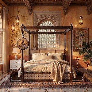 sheesham solid wood allure poster bed for bedroom  handmade wooden cot  elegant four poster king size bed frame walnut queen allure with storagecane 2