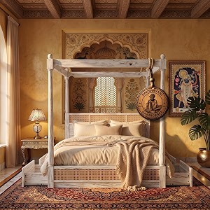 sheesham solid wood allure poster bed for bedroom  handmade wooden cot  elegant four poster king size bed frame rustic white queen allure with storagecane 2