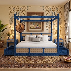 sheesham solid wood allure poster bed for bedroom  handmade wooden cot  elegant four poster king size bed frame rustic blue king allure with storagecane