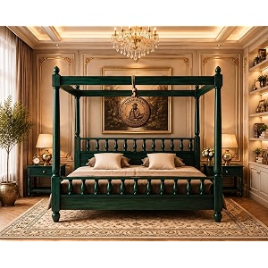 sheesham solid wood allure poster bed for bedroom  handmade wooden cot  elegant four poster king size bed frame green queen allure