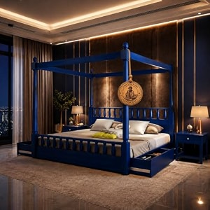 sheesham solid wood allure poster bed for bedroom  handmade wooden cot  elegant four poster king size bed frame blue king allure with storage