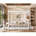 Sheesham Solid Wood Allure Poster Bed for Bedroom | Handmade Wooden Cot | Elegant Four Poster King Size Bed Frame (White, King, Allure with Storage)