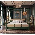Sheesham Solid Wood Allure Poster Bed for Bedroom | Handmade Wooden Cot | Elegant Four Poster King Size Bed Frame (Rustic Green, Queen, Allure (Cane 1))