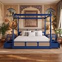 Sheesham Solid Wood Allure Poster Bed for Bedroom | Handmade Wooden Cot | Elegant Four Poster King Size Bed Frame (Blue, King, Allure with Storage(Cane))