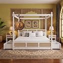 Sheesham Solid Wood Allure Poster Bed for Bedroom | Handmade Wooden Cot | Elegant Four Poster King Size Bed Frame (Rustic White, Queen, Allure with Storage(Cane))