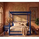 Sheesham Solid Wood Allure Poster Bed for Bedroom | Handmade Wooden Cot | Elegant Four Poster King Size Bed Frame (Blue, Queen, Allure with Storage(Cane 2))