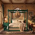 Sheesham Solid Wood Allure Poster Bed for Bedroom | Handmade Wooden Cot | Elegant Four Poster King Size Bed Frame (Rustic Green, Queen, Allure with Storage(Cane 2))