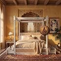 Sheesham Solid Wood Allure Poster Bed for Bedroom | Handmade Wooden Cot | Elegant Four Poster King Size Bed Frame (Rustic White, King, Allure with Storage(Cane 2))