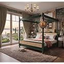 Sheesham Solid Wood Allure Poster Bed for Bedroom | Handmade Wooden Cot | Elegant Four Poster King Size Bed Frame (Rustic Green, Queen, Allure(Cane 2))