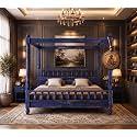 Sheesham Solid Wood Allure Poster Bed for Bedroom | Handmade Wooden Cot | Elegant Four Poster King Size Bed Frame (Rustic Blue, King, Allure)