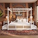 Sheesham Solid Wood Allure Poster Bed for Bedroom | Handmade Wooden Cot | Elegant Four Poster King Size Bed Frame (White, Queen, Allure with Storage(Cane))