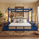 Sheesham Solid Wood Allure Poster Bed for Bedroom | Handmade Wooden Cot | Elegant Four Poster King Size Bed Frame (Rustic Blue, Queen, Allure with Storage(Cane))