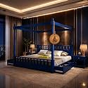Sheesham Solid Wood Allure Poster Bed for Bedroom | Handmade Wooden Cot | Elegant Four Poster King Size Bed Frame (Blue, King, Allure with Storage)