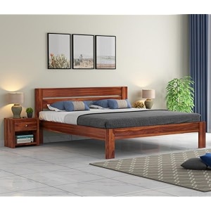 suncom sheesham wood bed without storage - solid wooden queen size cot - double bed for bedroom living room home - sturdy amp stylish platform bed honey finish