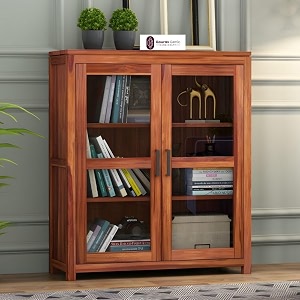 sheesham wood book cabinet with acrylic glass doors for living room study office storage display cupboard solid wood shelving unit compact bookshelf organizer home furniture