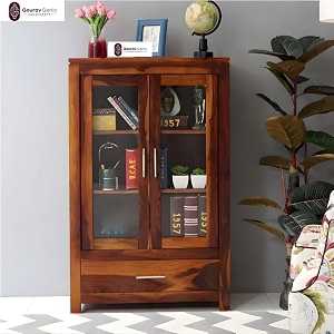 sheesham wood book cabinet with acrylic glass doors and bottom drawer for living room study office display storage cupboard solid wood shelving unit home furniture