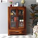 Sheesham Wood Book Cabinet with Acrylic Glass Doors and Bottom Drawer for Living Room Study Office Display Storage Cupboard Solid Wood Shelving Unit Home Furniture