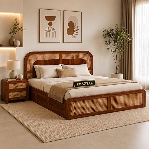 sheesham wood cane bed with box storage for bedroom  queen size wooden double bed palang with curved rattan headboard honey finish