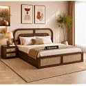 Sheesham Wood Cane Bed with Box Storage for Bedroom | Queen Size Wooden Double Bed Palang with Curved Rattan Headboard (Walnut Finish)