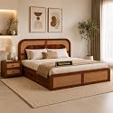 Sheesham Wood Cane Bed with Box Storage for Bedroom | Queen Size Wooden Double Bed Palang with Curved Rattan Headboard (Honey Finish)