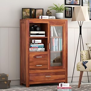 sheesham wood compact hutch cabinet with acrylic glass door storage drawers display organizer for home dining living study kitchen furniture solid wooden showcase unit