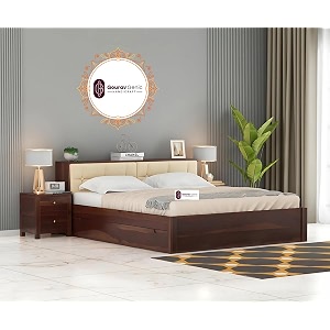 sheesham wood king size bed with box storage and cream upholstered headboard solid wooden double bed furniture for bedroom walnut headboard king 2