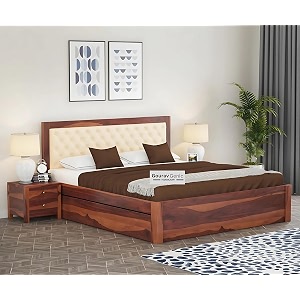 sheesham wood king size bed with box storage and cream upholstered headboard solid wooden double bed furniture for bedroom honey with side drawer 2