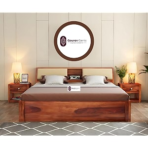 sheesham wood king size bed with box storage and cream cushioned headboard solid wooden double bed furniture for bedroom honey with side drawer