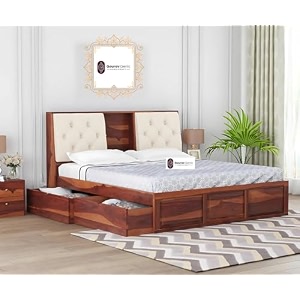 sheesham wood king size bed with box storage and cream upholstered headboard solid wooden double bed furniture for bedroom honey side drawer bed 2