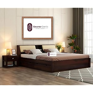 sheesham wood king size bed with box storage and cream cushioned headboard solid wooden double bed furniture for bedroom walnut with side drawer
