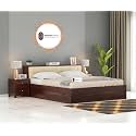 Sheesham Wood King Size Bed with Box Storage and Cream Upholstered Headboard Solid Wooden Double Bed Furniture for Bedroom (Walnut, Headboard King 2)