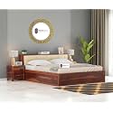 Sheesham Wood King Size Bed with Box Storage and Cream Upholstered Headboard Solid Wooden Double Bed Furniture for Bedroom (Honey, Headboard King 1)