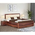 Sheesham Wood King Size Bed with Box Storage and Cream Upholstered Headboard Solid Wooden Double Bed Furniture for Bedroom (Honey, with Side Drawer 2)