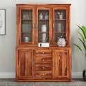 Sheesham Wood Hutch Cabinet with Acrylic Glass Doors Side Storage and Four Drawers for Dining Living Kitchen Display Cupboard Solid Wood Crockery Unit Shelving Furniture