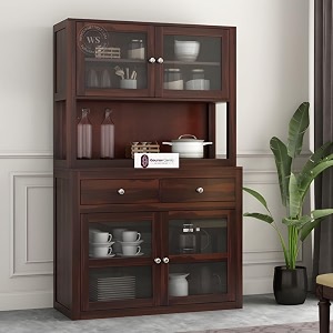 sheesham wood hutch cabinet with upper acrylic glass doors large storage shelf unit tall display cupboard sideboard buffet for dining living room home kitchen furniture