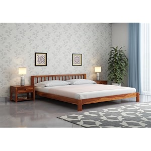 sheesham wood king size bed without storage  low floor platform bed  modern wide headboard  rosewood bed  honey finished