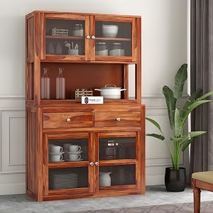 sheesham wood kitchen hutch cabinet with acrylic glass door shelves spacious storage drawers dining crockery display unit for home living furniture premium solid wooden