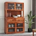 Sheesham Wood Kitchen Hutch Cabinet with Acrylic Glass Door Shelves Spacious Storage Drawers Dining Crockery Display Unit for Home Living Furniture Premium Solid Wooden