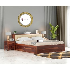 sheesham wood queen size bed with box storage and cream upholstered headboard solid wooden double bed furniture for bedroom honey headboard queen 1