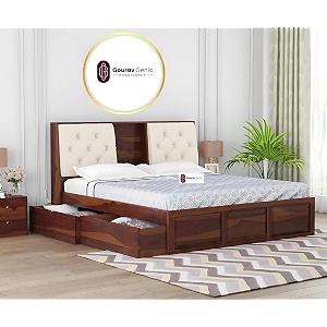 sheesham wood queen size bed with box storage and cream upholstered headboard solid wooden double bed furniture for bedroom walnut side drawer queen bed