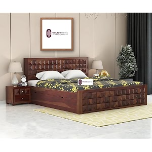 sheesham wood queen size bed with box storage solid wooden double bed furniture for bedroom with designer headboard footboard walnut modern design queen