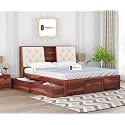 Sheesham Wood Queen Size Bed with Box Storage and Cream Upholstered Headboard Solid Wooden Double Bed Furniture for Bedroom (Honey, with Side Drawer Queen 2)