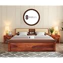 Sheesham Wood Queen Size Bed with Box Storage and Cream Cushioned Headboard Solid Wooden Double Bed Furniture for Bedroom (Honey, with Side Drawer Queen)