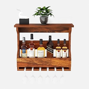 sheesham wood wall mounted wine rack  wooden wall hanging bar cabinet with bottle storage amp upside-down glass holder  mini bar for home kitchen amp living room natural honey