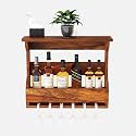 Sheesham Wood Wall Mounted Wine Rack | Wooden Wall Hanging Bar Cabinet with Bottle Storage & Upside-Down Glass Holder | Mini Bar for Home, Kitchen & Living Room (Natural Honey)