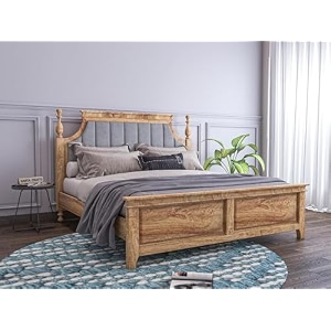 sheeshamwallah wooden king size bed without storage  low height cot with grey upholstered cushion headboard  solid sheesham wood teak finish  mattress size 78 x 72