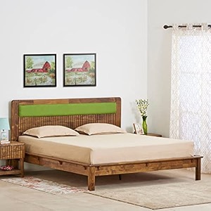 sheeshamwallah sheesham wood queen size bed without storage  solid wood bed  double bed cot with cushion headboard for bedroom  rosewood natural finish amp green mattress size 78 x 60