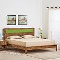 Sheeshamwallah Sheesham Wood Queen Size Bed Without Storage | Solid Wood Bed | Double Bed Cot with Cushion Headboard for Bedroom | Rosewood, Natural Finish &amp; Green| Mattress Size: 78 X 60