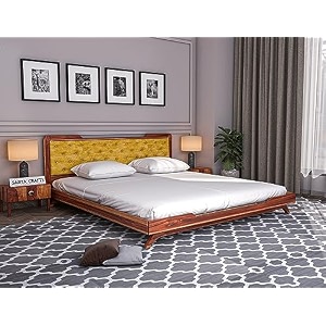 sheeshamwallah wooden double bed without storage  low height cot with yellow upholstered cushion headboard  solid wood sheesham honey finish  mattress size 78 x 48