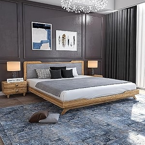 wooden queen size bed without storage  low height cot with blue upholstered cushioned headboard  solid wood sheesham brown finish  mattress size 78 x 60